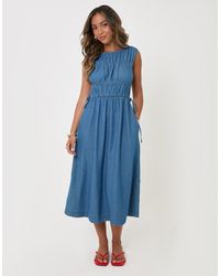 Threadbare - Shirred Denim Drawstring Waist Midaxi Dress - Lyst