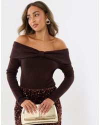Threadbare - Ribbed Bow Detail Bardot Jumper - Lyst
