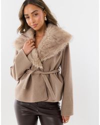 Threadbare - Faux Wool Belted Coat With Faux Fur Collar - Lyst