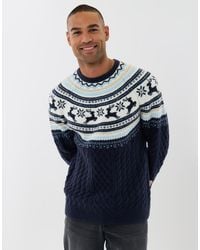 Threadbare - Reindeer Fairisle Cable Knit Christmas Jumper - Lyst
