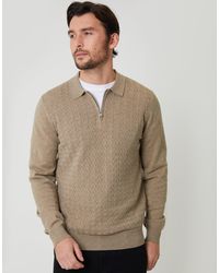 Threadbare - Taupe Textured Knit Quarter Zip Polo Jumper - Lyst
