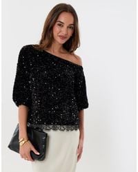 Threadbare - Sequin Slash Neck Puff Sleeve Top - Lyst