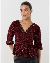 Threadbare - Sequin Puff Sleeve Top With Lace Trim - Lyst
