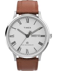 Timex Waterbury Classic 40mm Leather Strap Watch Stainless Steel/tan/white - Gray