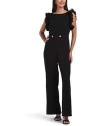 TJ Maxx - Pleated Ruffle Sleeve Mixed Media Jumpsuit With Button Tabs For Spandex/Polyester - Lyst