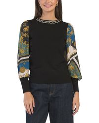 TJ Maxx - Crew Neck Long Sleeve Pullover Sweater With Mixed Media Sleeve, Polyester/Rayon - Lyst