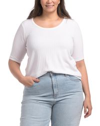 TJ Maxx - Plus Elbow Sleeve Deep Scoop Neck Pointelle Ribbed Top For Spandex/Polyester/Rayon - Lyst