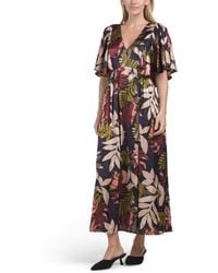 TJ Maxx - Tropical Print Flutter Sleeve Satin Midi Dress For Spandex/Polyester - Lyst