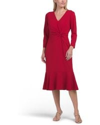 TJ Maxx - V-Neck Twist Midi Dress With Flounce Three-Quarter Sleeve For Spandex/Polyester - Lyst