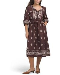 TJ Maxx - Long Sleeve Border Print Midi Dress With Belt For Cotton - Lyst