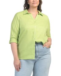 TJ Maxx - Plus Linen Blend Long Sleeve Jersey Roll Tab Button Front Top For Linen/Rayon - Lyst