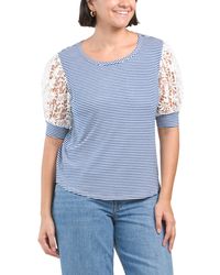 TJ Maxx - Striped Mixed Media Scoop Neck Lace Puff Sleeve Top For Spandex/Rayon - Lyst