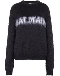 Balmain - Maglione mohair nero con dettaglio logo - Lyst