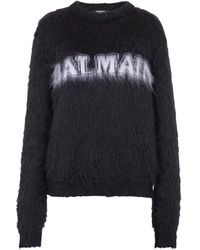 Balmain - Maglione mohair nero con dettaglio logo - Lyst