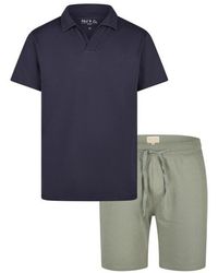 Phil & Co. Berlin - Korte Pyjama Set Shortama Badstof Blauw/Groen - Lyst