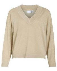 Vila - Viginny V-Neck Ls Glitter Knit Toppb Zand - Lyst