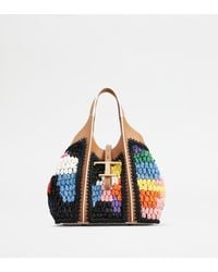 Tod's - T Timeless Shopping Bag In Leather And Raffia Mini - Lyst