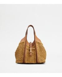 Tod's - T Timeless Shopping Bag In Raffia And Leather Mini - Lyst