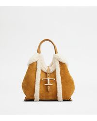 Tod's - Shopper T Timeless Aus Veloursleder Mini, Weiss,Braun - Lyst