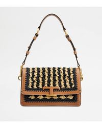 Tod's - T Timeless Shoulder Bag In Leather And Raffia Mini - Lyst