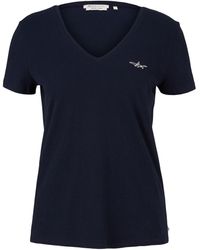 Tom Tailor DENIM T-Shirt mit V-Ausschnitt und Stickerei aus nachhaltiger Baumwolle - Blau