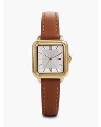 Tommy Hilfiger - Rectangular Dial Leather Strap Plated Watch - Lyst