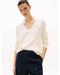 Tommy Hilfiger - Kabelgebreide Trui Met V-Hals - Lyst
