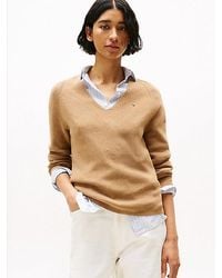 Tommy Hilfiger - Kabelgebreide Trui Met V-Hals - Lyst