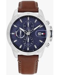 Tommy Hilfiger - Blue Dial Brown Leather Strap Watch - Lyst