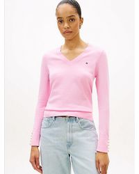 Tommy Hilfiger - Trui Met V-Hals En Goudkleurige Manchetknoop - Lyst