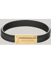 Tommy Hilfiger - Fold-over Clasp Gold-plated Black Leather Bracelet - Lyst