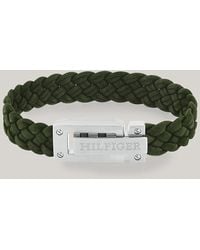 Tommy Hilfiger - Logo Embossed Green Suede Braided Bracelet - Lyst