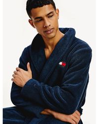 Tommy Hilfiger Flag Logo Organic Cotton Towelling Bathrobe - Blue