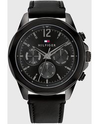Tommy Hilfiger - Ionic-plated Black Leather Strap Watch - Lyst