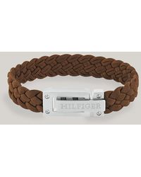 Tommy Hilfiger - Logo Embossed Brown Suede Braided Bracelet - Lyst