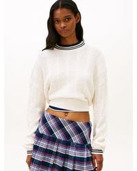 Tommy Hilfiger - S Cotton Cable Pullover Crewneck Sweater With Knit Flag Print - Lyst