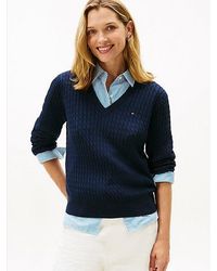 Tommy Hilfiger - Kabelgebreide Trui Met V-Hals - Lyst