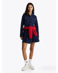 Tommy Hilfiger - Denim Mini-Overhemdjurk Met Plooien - Lyst