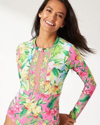 Tommy Bahama Orchid Garden Half-zip Long-sleeve One-piece Swimsuit - Multicolor