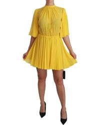 Dolce & Gabbana Yellow Pleated Line Mini Silk Dress