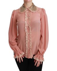 Dolce & Gabbana Pink Silk Sequin Lace Blouse Shirt - Metallic