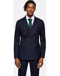TOPMAN Windowpane Check Double Breasted Skinny Fit Suit Blazer With Peak Lapel - Blue