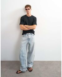TOPMAN - Slim Fit Rib Knit Henley Neck T-shirt - Lyst