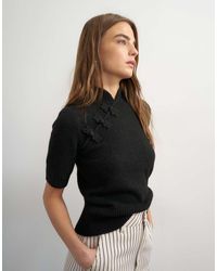 TOPSHOP - Knitted Deep Rib Mandarin Collar Short Sleeve Top With Wool - Lyst