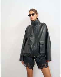TOPSHOP - Faux Leather Funnel Neck Drawstring Bomber Jacket - Lyst