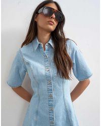 TOPSHOP - Denim Short Sleeve Button Down Mini Dress - Lyst