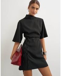 TOPSHOP - Heavy Crepe Asymmetric Neck Structured Shoulder Pad Mini Dress With Belt - Lyst