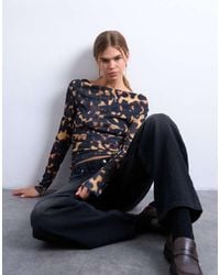 TOPSHOP - Mesh Cowl Neck Tortoise Shell Animal Print Long Sleeve Top - Lyst