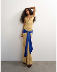 TOPSHOP - Satin Dropped Waist Maxi Dress With Contrast Tie Belt - Lyst