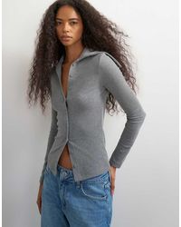 TOPSHOP - High Neck Button Down Long Sleeve Rib Top - Lyst
